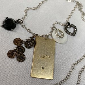 Long silvertone LUCK necklace